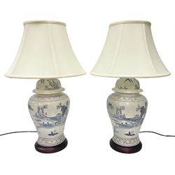 Pair of table lamps of tapering form, decorated with a japanese landscape and finished with a crackle glaze, including shade H64cm 