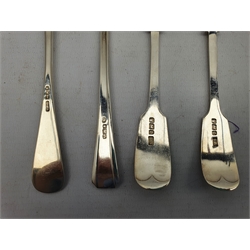 Three late Victorian silver fiddle pattern dessert spoons Sheffield 1897, four silver dessert spoons Sheffield 1962 and two other dessert spoons 15.6oz (9)