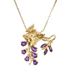 14ct gold amethyst butterfly and leaf pendant necklace, stamped