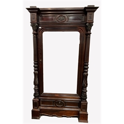 French stained walnut armoire wardrobe, frieze with leaf carved applied roundel over bevelled mirrored door revealing birds eye maple lined panelled interior, fitted for hanging, flanked by leaf capped and fluted columns, single drawer to base, raised on moulded block supports, W121cm, H215cm, D61cm,