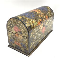 Kashmiri lacquered stationery casket with domed cover and divided interior painted with flower heads and scrolling leaves, the base inscribed 'Ganemede Kashmiri No.2457' 14cm x 25cm 