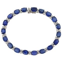 Platinum oval sapphire and round brilliant cut diamond bracelet, stamped PT950, total sapphire weight approx 19.50 carat