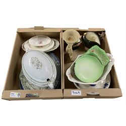 Two Royal Doulton character jugs, Willow and Yuan pattern meat plates, Booths soup tureen, Beswick dish and other items in two boxes