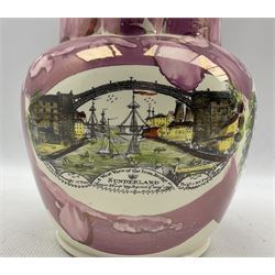 19th century Sunderland marbled pink lustre jug 'A West View of the Iron Bridge 1796', a panel 'Landlord Caution' and verse H22cm