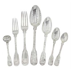 Suite of George IV silver fiddle, thread and shell cutlery comprising eighteen table forks, eighteen tablespoons, eighteen dessert spoons, nineteen dessert forks, eighteen teaspoons, two egg spoons and two salt spoons, London 1826 Maker W E, possibly William Eley. Three of the dessert spoons, thirteen teaspoons, two egg spoons and a salt spoon are London 1841 Maker George Angell 195oz.  All with the Feversham crest and probably supplied to 1st Baron Feversham  (1764-1841)