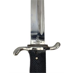 German Third Reich Fire Brigade parade bayonet, the 20cm blade inscribed 'E Pack & Sohne Solingen with hatched grip in metal scabbard