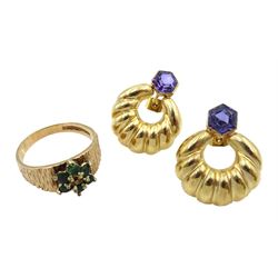 Gold stone set ring and pair of stud earrings, both 9ct hallmarked or stamped