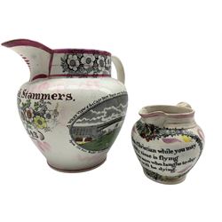 19th century Sunderland pink lustre jug with a West view of the Cast Iron Bridge and inscribed 'Hannah Stammers 1843' and with 'The Sailor's Tear' H16cm and a small Sunderland jug with verse 'Be Wise then Christian' H9cm (2)
