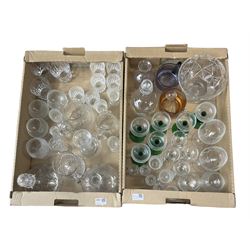 Quantity of table glass, sherry decanters, vase, water jugs etc in two boxes