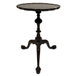 Tozer - Georgian style mahogany wine table, the pie crust top raised on one turned column, leading into three splayed supports with ball and claw feet 