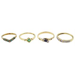 Four 9ct gold diamond and stone set rings including tanzanite, sapphire and emerald, all hallmarked