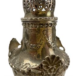Silver vase shape sugar caster with bud finial and trailing garlands, the shoulders with raised shells, leaf capped base and circular foot H20cm Birmingham 1920 Maker S Blanckensee & Son Ltd