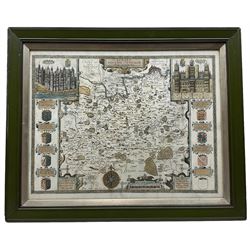 John Speed (British 1552-1629): 'Surrey Described and Divided into Hundreds', engraved map with hand-colouring and gilding, with inset views of Richmond and Nonsuch palaces, at the sides Royal arms and 7 baronial arms originally pub.1610, 38cm x 51cm