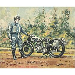 J Irving Pugh (British mid 20th century): 'Field 1928 Norton' 490cc motorcycle, oil on canvas signed titled and dated '73, 50cm x 60cm