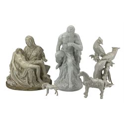 Group of continental Blanc de Chine porcelain, including Berlin model of Hercules, H33cm, Karl Enz pair of birds on a bough, two small models of horses, together with Royal Dux Pieta group after Michelangelo (5)