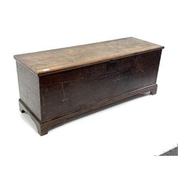19th century stained oak blanket box, hinged lid revealing plain interior, raised on shaped bracket supports W120cm, D41cm, H48cm
