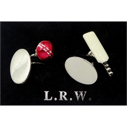 Pair of silver and  enamel cricket bat and ball cufflinks, hallmarked