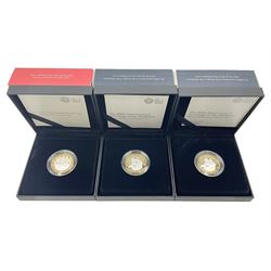 Three The Royal Mint United Kingdom 2020 silver proof piedfort two pound coins, comprising 'The 75th Anniversary of VE Day' and two 'The 400th Anniversary of the Voyage of the Mayflower', all cased with certificates (3)