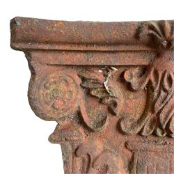 Three sets of cast iron square column capitals or collars, four-piece concaved square form decorated with anthemion motifs and central urn 