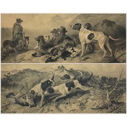 After Richard Ansdell (British 1815-1885): 'Hunting - The Death of the Fox' and 'Shooting - Waiting for the Guns', pair 19th century lithographs, housed in birdseye maple frames 35cm x 66cm (2)