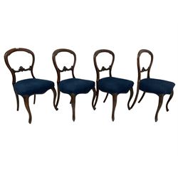 Set four Victorian mahogany balloon back dining chairs with blue seat pads 
