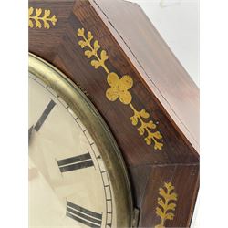 Mid-19th century mahogany veneered eight-day four-pillar single fusee wall clock in an octagonal case with and brass inlay, 12” circular painted steel dial pinned directly to the dial, with roman numerals and minute track, matching steel spade hands and brass bezel with a flat glass, with pendulum adjustment door and movement door. With Pendulum & winding key and case key.  


