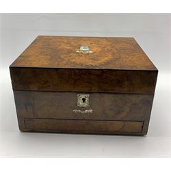Victorian burr walnut & ebony mother of pearl inlaid vanity box, the lid with monogrammed mother-of-pearl shield cartouche and escutcheon, fitted interior, lift our tray and secret drawer, L31cm, H18cm D23cm 
