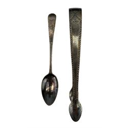 Set of six George III bright cut silver teaspoons and sugar tongs London 1801 Maker Alice & George Burrows II