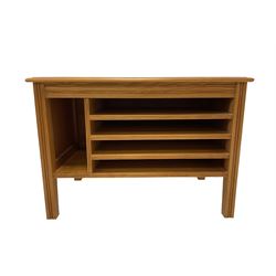 Pitch pine artist or folio cabinet, fitted with three open shelves and vertical recess, reeded fronts, on square supports