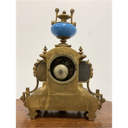 19th century French brass mantel clock with Sevres porcelain panels, surmounted by urn finial, eight day twin train movement striking on bell, W30cm