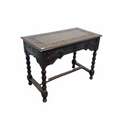18th century style carved oak side table, the top with incised scrolled acanthus border over two frieze drawers, raised on bobbin turned supports with 'H' stretcher 100cm x 53cm, H76cm