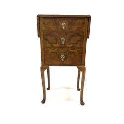 Early 20th century Queen Anne style walnut drop leaf bedside cabinet, cross banded top, fitted with one drawer and a cupboard with faux drawer face, raised on cabriole supports, 41cm x 35cm, H76cm