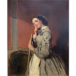 English school (19th century): Coy Victorian Maid with Broom, oil on canvas unsigned, housed in fine gilt frame 49cm x 39cm