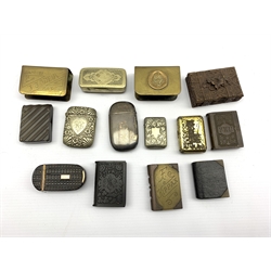 19th century horn cushion shape snuff box, two Trench Art match box holders and a number of vesta cases in Bakelite, silver plate etc (14)