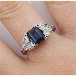 Platinum baguette cut sapphire and six stone kite cut diamond ring, hallmarked, sapphire approx 1.30 carat, total diamond weight approx 1.25 carat
