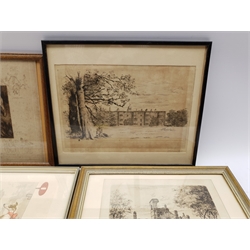 James Chalmers Park (British 1858-?): 'Kirkstall Abbey from the East' and 'Temple Newsam, Leeds', two drypoint etchings signed and titled in pencil; Frank Paton (British 1855-1909): 'Not at Home', etching signed in pencil; and a humorous coloured etching of dogs indistinctly signed in pencil, max 21cm x 50cm (4)