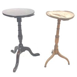 Georgian oak snap top wine table, circular top raised on ring turned column and triple splay supports (D40cm) together with another wine table (35cm)