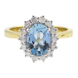 18ct gold oval aquamarine and round brilliant cut diamond cluster ring, hallmarked, aquamarine approx 1.00 carat