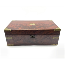 19th century figured mahogany brass mounted campaign writing slope with leather writing surface, twin brass inkwells and pen rest, L45cm x D25cm 
