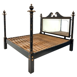 Julian Chichester - Regency design black lacquered and parcel gilt demi four poster super king size bed, headboard with swan neck pediment over antiqued mirrored panel, each post surmounted by turned finial and decorated with gilt foliate, slatted base, four extra sections of post to double the height 