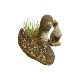 Pair of cast stone garden planters in form of a swan (W47cm H28cm); with pair of weathered cast stone ducks with orange beaks and feet