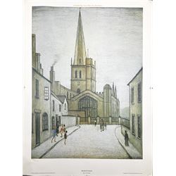After Laurence Stephen Lowry R.A. (British 1887-1976): 'Burford Church', limited edition colour lithograph blind stamped and numbered 390/1500 in pencil 52cm x 38cm (unframed)