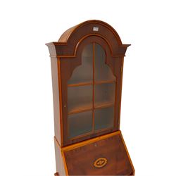 Georgian design yew wood bureau bookcase, arched top section with astragal glazed door, lower section with fall-front over four drawers