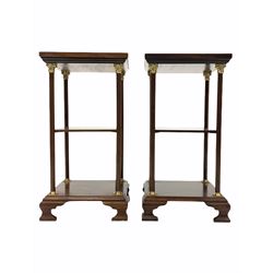 Pair of George III style mahogany lamp tables, three tiers on turned uprights with leaf cast brass capitols, raised on ogee bracket supports 36cm x 36cm, H70cm