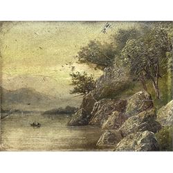 English School (19th century): Rocky Lake Landscape, oil on board unsigned 17cm x 22cm