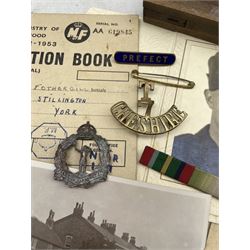 Air Raid Warden gas rattle, warden appointment card 1940, ration book, letters and photographs etc