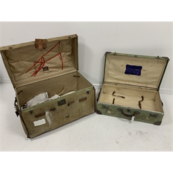 Early 20th century canvas covered dome top travelling trunk, with handle to each end and with old paper labels, interior baring label for 'D.H. Evans' department store, (W86cm) together with another canvas covered suitcase, (W77cm)