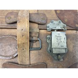 Vintage leather suitcase, the locks inscribed 'JB Factory, Calcutta' 60cm x 38cm x 20cm