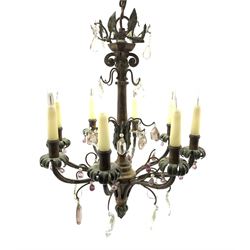 Continental toleware style eight branch chandelier, decorated throughout with flowers, grapes and leaves, the scrolling terminals with faceted glass drops, H70cm approx