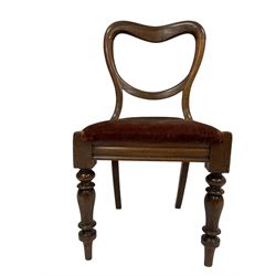 Set four Victorian mahogany framed dining chairs, balloon back with crimson drop-in seat, carved frieze rail, raised on turned supports